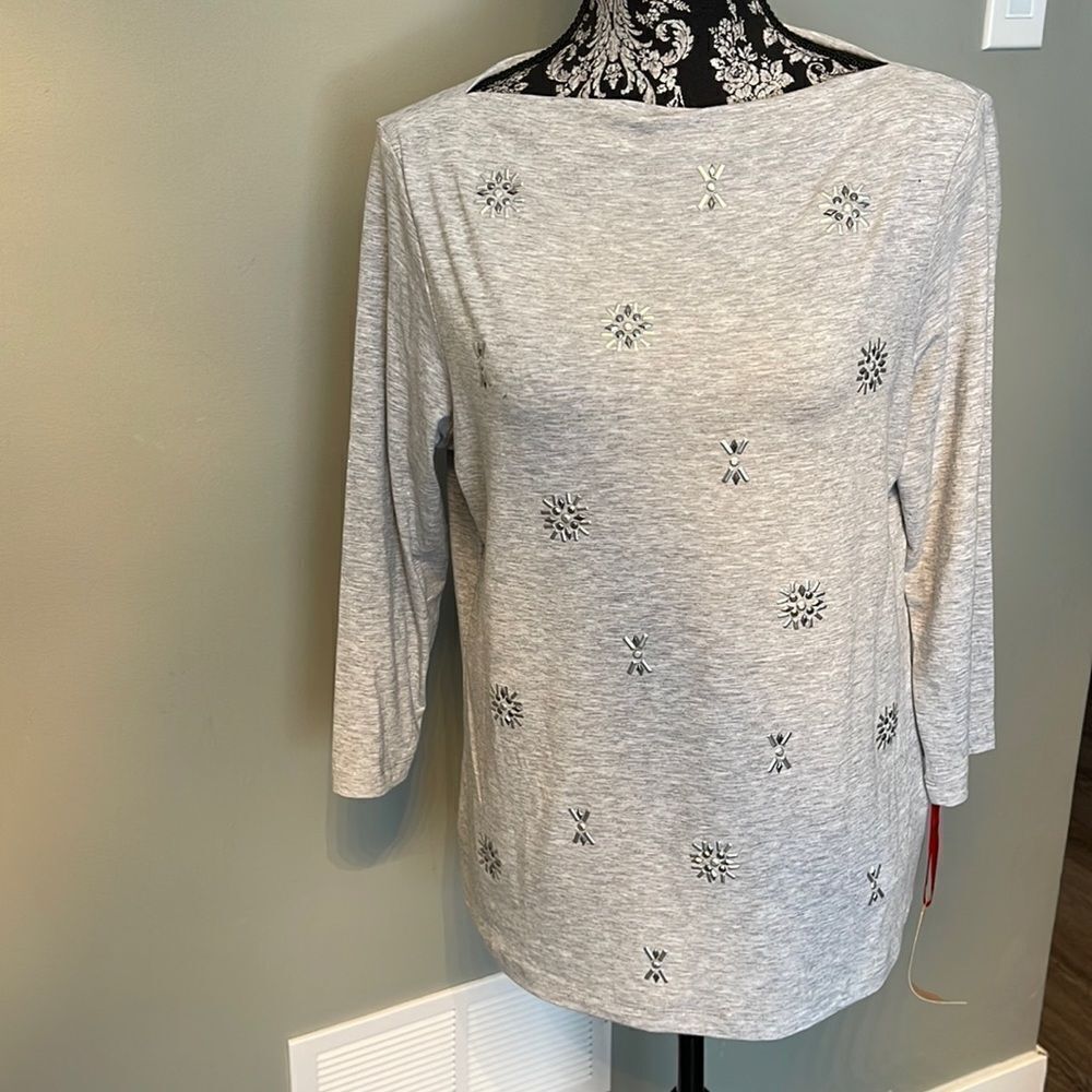 Ruby Rd Embellished Boat Neck Tee-GREY-Medium